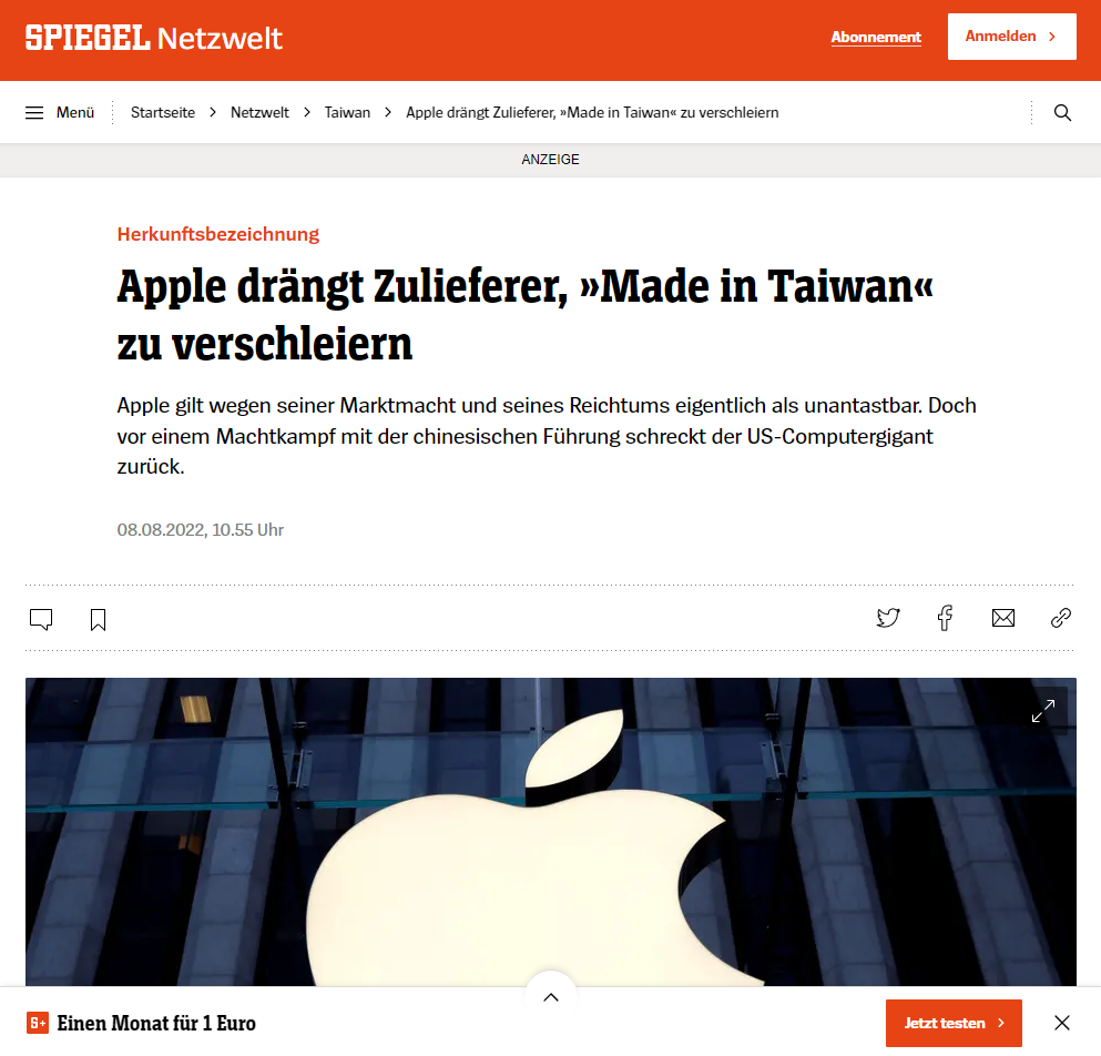 Spiegel Artikel zu "Apple drängt Zulieferer, >>Made in Taiwan<< zu verschleiern"